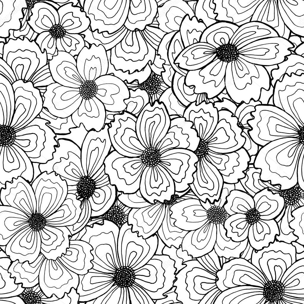 seamless line drawn flower background on white