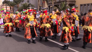Las Palmas, İspanya - 29 Şubat 2020: Las Palmas de Gran Canaria 'yı geçen ana karnaval geçidine müzik ve dans toplulukları, mırıltılar ve karşılaştırmalar katılın