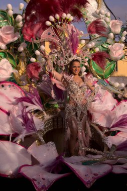 Las Palmas, İspanya - 29 Şubat 2020: Karnaval Hatunları Las Palmas de Gran Canaria şehrinden geçerken Kraliçe 'ye eşlik ederler.