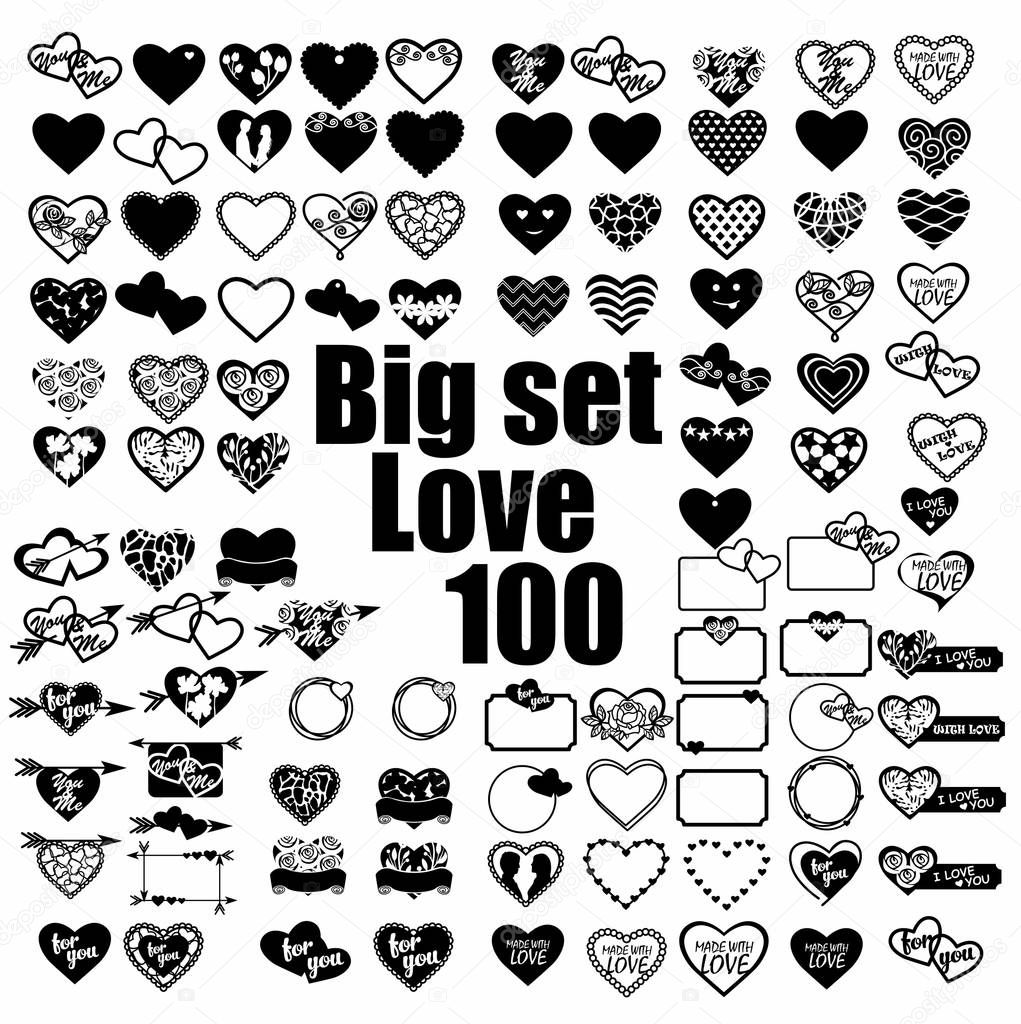 100 silhouettes of hearts on a white background