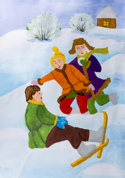 Children drawing in gouache "Skiing" — Stock Photo, Image