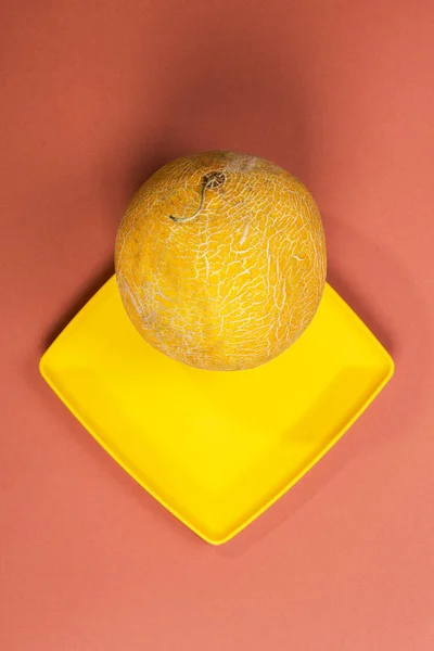 Спелые дыни в желтой пластине на цветном фоне — стоковое фото