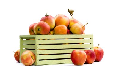 Beyaz bir arka plan üzerinde tahta bir kutu içinde çeşitli olgun elma