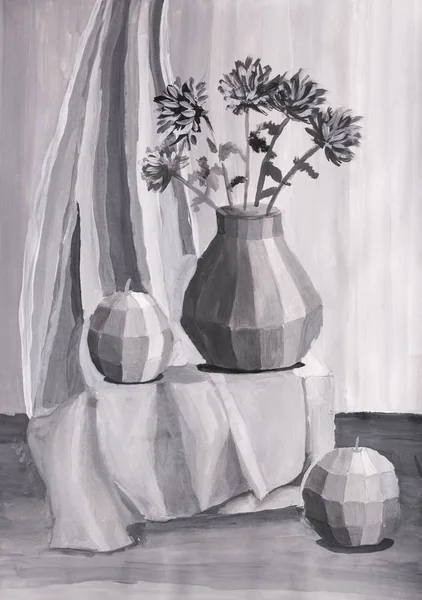 Children's gouache painting "Decorative still life with flowers in a vase and objects" — Stock Photo, Image