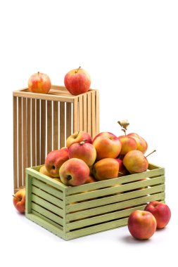 Beyaz bir arka plan üzerinde tahta bir kutu içinde çeşitli olgun elma