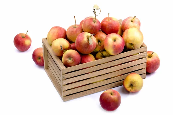 Beyaz bir arka plan üzerinde tahta bir kutu içinde çeşitli olgun elma