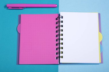 Açık not defteri ve çok renkli bir arka plan üzerinde pembe bir dolma kalem