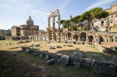 Roma, İtalya - 17 Ağustos 2019: Roma Forumunun antik yapılarına bakış