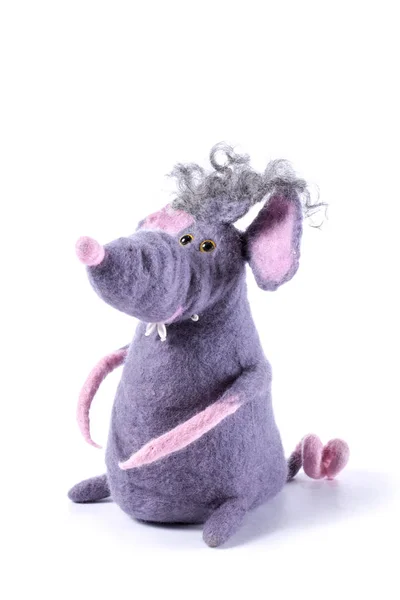 Rat Peluche Laine Feutrée Sur Fond Blanc — Photo