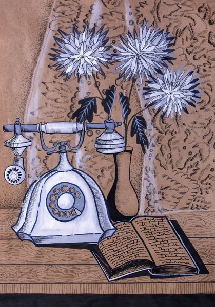 Bir Vazo Çiçek Eski Bir Telefon Kitapla Dolu Bir Çocuk — Stok fotoğraf