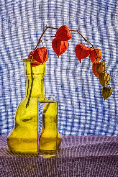 Still Life Yellow Vase Glass Water Branch Physalis — Stock Photo, Image