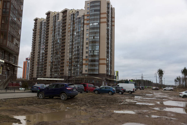 St. Petersburg, Russia - January 13, 2020: Spontaneous car parking in a new residential neighborhood in St. Petersburg