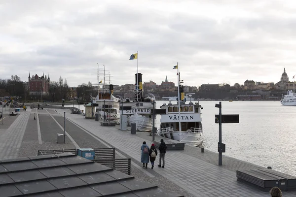 Stockholm Sweden January 2020 Quay Ships Promenade Center Stockholm — Stock Photo, Image