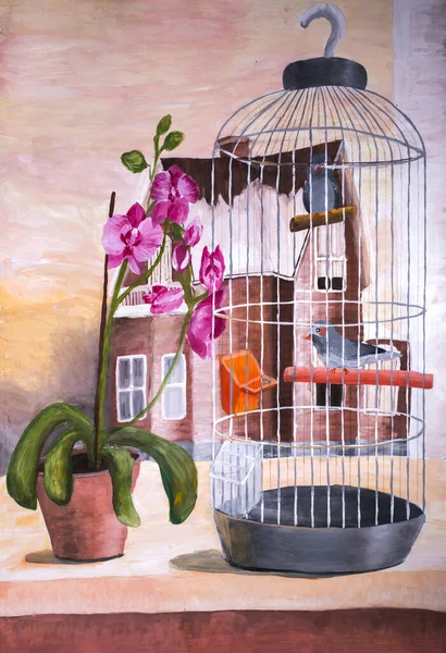 Dětská Kresba Ráně Zátiší Orchidejí Ptákem Kleci — Stock fotografie