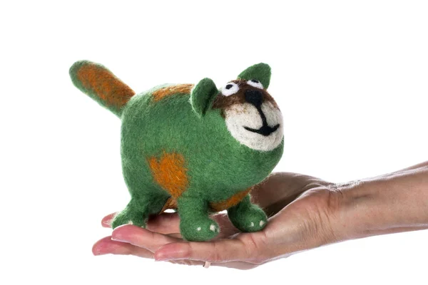 Green Cat Soft Toy Made Felted Wool — Stock Photo, Image