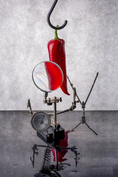 Stilleben Med Röd Paprika Och Ett Förstoringsglas — Stockfoto
