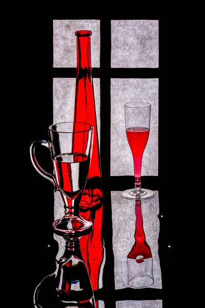 Still Life Red Bottle Glasses Liquid Window Background — Stock Photo, Image