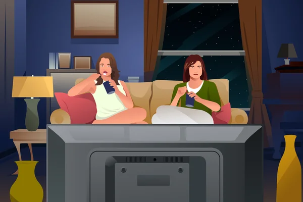 TV izlerken, dondurma yemek iki bayan arkadaş — Stok Vektör