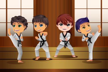 Çocuklar Dojo'da dövüş sanatları uygulamak