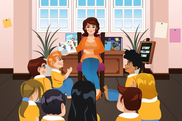Professor pré-escolar lendo um livro durante o tempo da história — Vetor de Stock