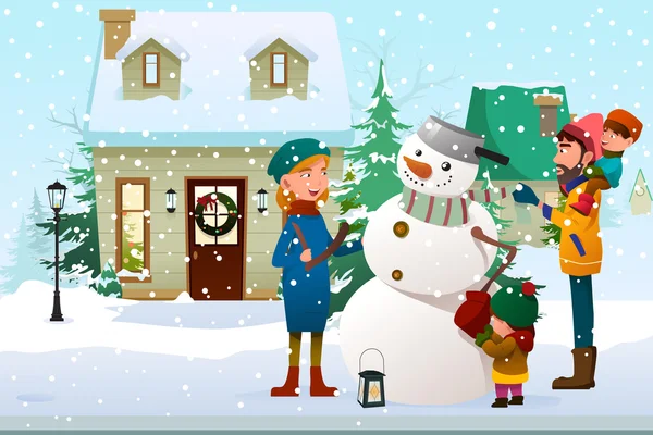 Семья строит снеговика на улице Стоковая Иллюстрация