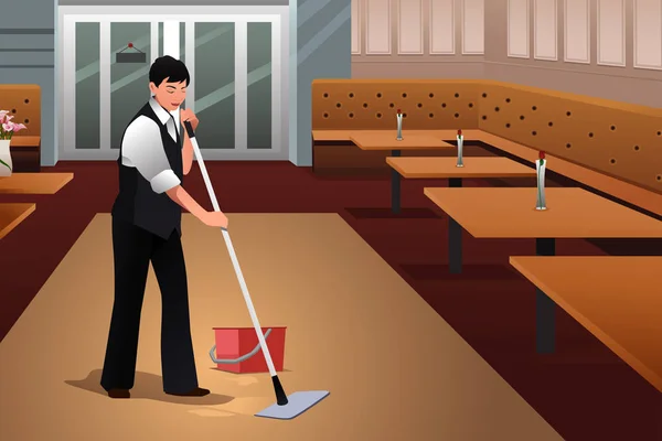 Restaurant Worker Cleaning Restaurant After Closing — Stock Vector