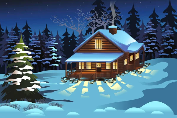 Cabin in the Woods tijdens winterseizoen — Stockvector