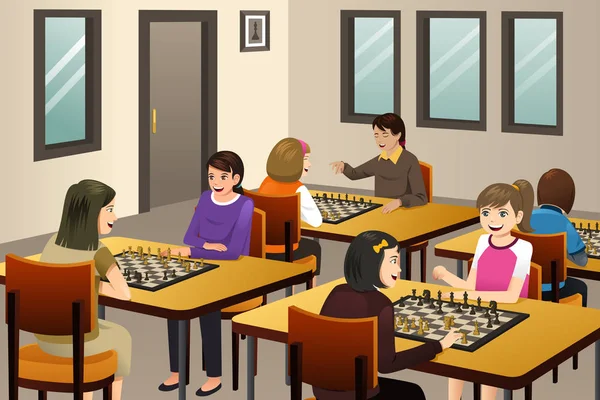 Mädchen spielen Schach in einem Schachklub — Stockvektor