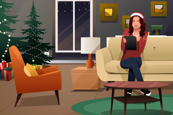 Güzel kadın Noel alışveriş için Tablet Pc bakıyor — Stok Vektör