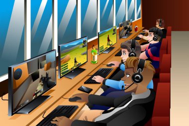 Young People Playing Games on an Internet Cafe clipart