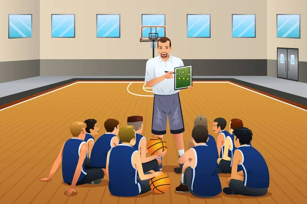 Basketball Coach Parlare con i suoi giocatori in campo — Vettoriale Stock