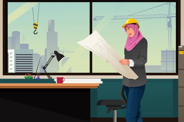 Femme musulmane travaillant dans un bureau de construction — Image vectorielle