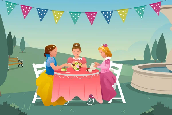 Meninas jovens tendo uma festa de chá — Vetor de Stock