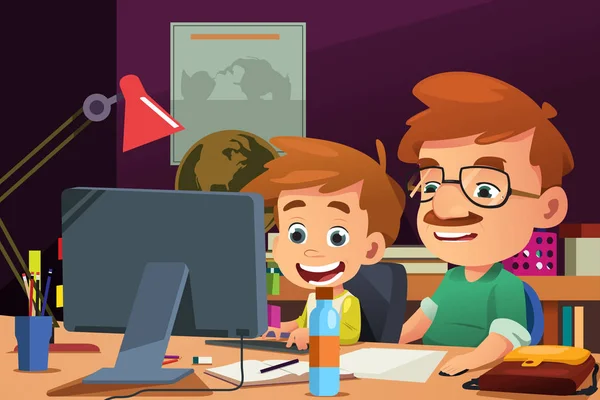 Père et fils travaillant sur un ordinateur — Image vectorielle
