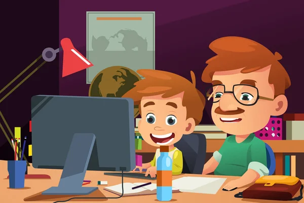 Padre e hijo trabajando en una computadora — Vector de stock