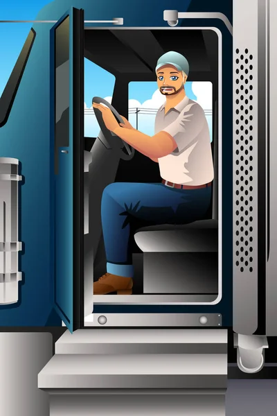 Οδηγός φορτηγού στο εσωτερικό του φορτηγού του — Διανυσματικό Αρχείο
