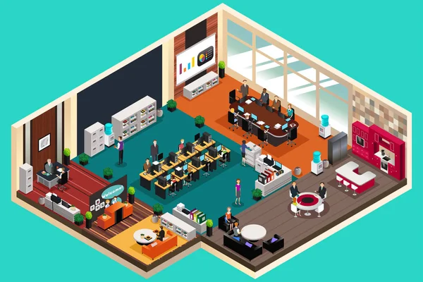 Les gens d'affaires travaillant dans le bureau dans un style isométrique — Image vectorielle