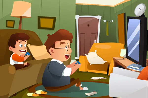 Πατέρας και γιος παίζουν βιντεοπαιχνίδι στο σπίτι — Διανυσματικό Αρχείο