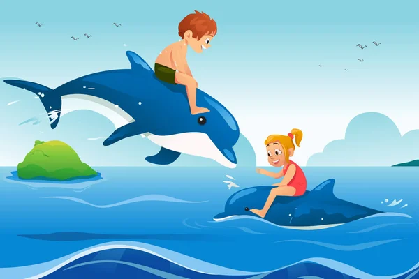 小さな子供、海でイルカと泳ぐ — ストックベクタ