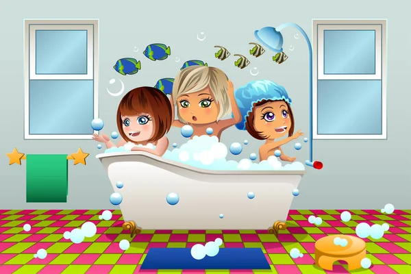 Little Girls Having a Bubble Bath — Stock Vector