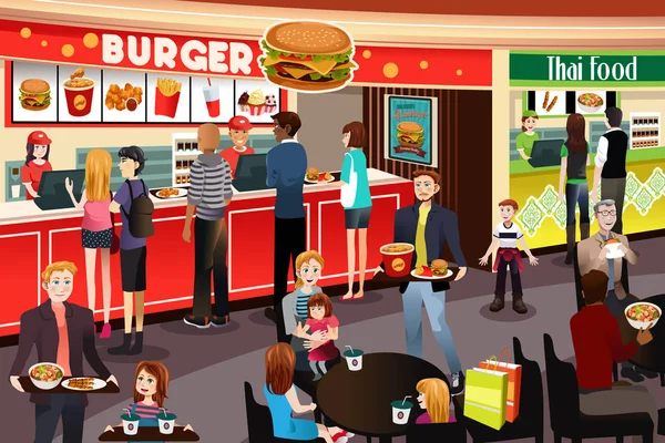 Pessoas que encomendam alimentos em Food Court —  Vetores de Stock