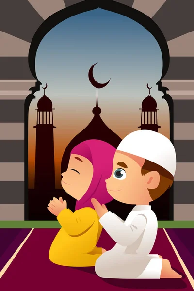 Muzulmán gyerekek imádkoznak, a mecset — Stock Vector