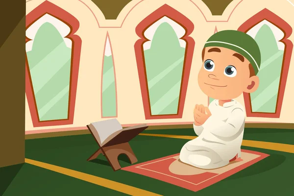 Enfant musulman priant dans la mosquée — Image vectorielle