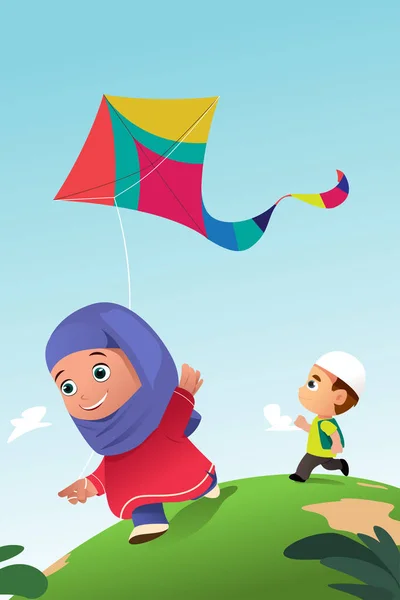 Muslim Anak Bermain Kite Outdoor - Stok Vektor