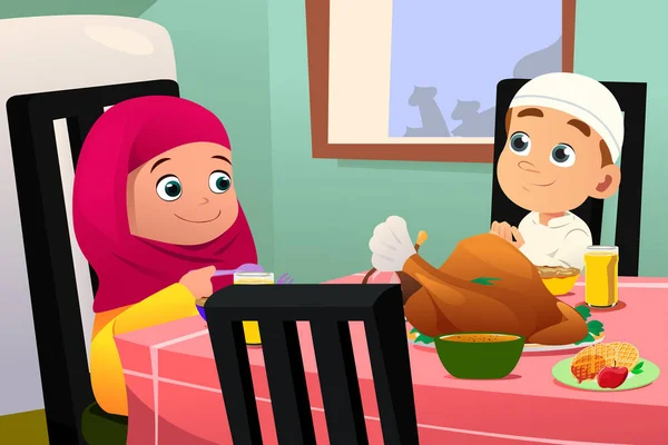 Muslimische Kinder essen am Esstisch — Stockvektor