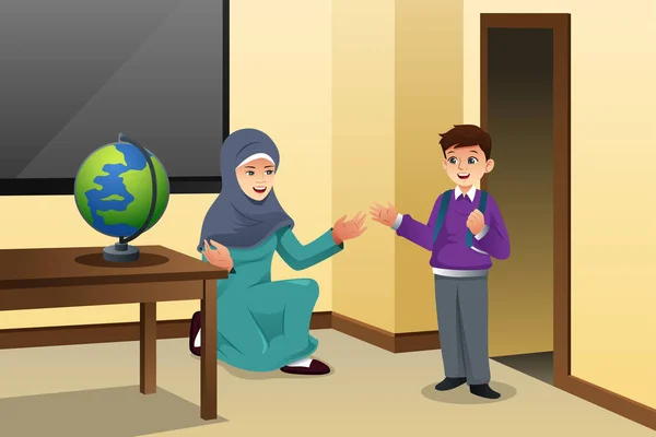 Μουσουλμανική παιδί και δάσκαλος στην αίθουσα διδασκαλίας — Διανυσματικό Αρχείο