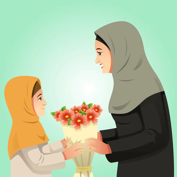 Muslimsk flicka ger blommor till mamman — Stock vektor