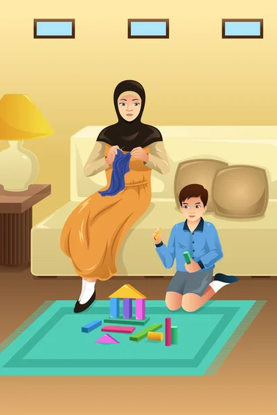 이슬람교도 어머니와 아들을 집에서 — 스톡 벡터