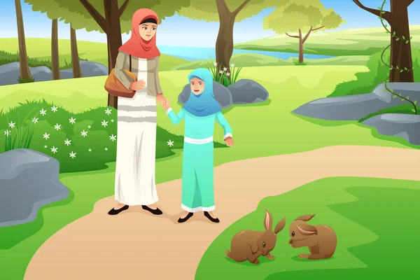 Moslim meisje en haar moeder wandelen in een Park — Stockvector