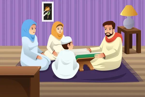 在家学习古兰经的穆斯林家庭 — 图库矢量图片